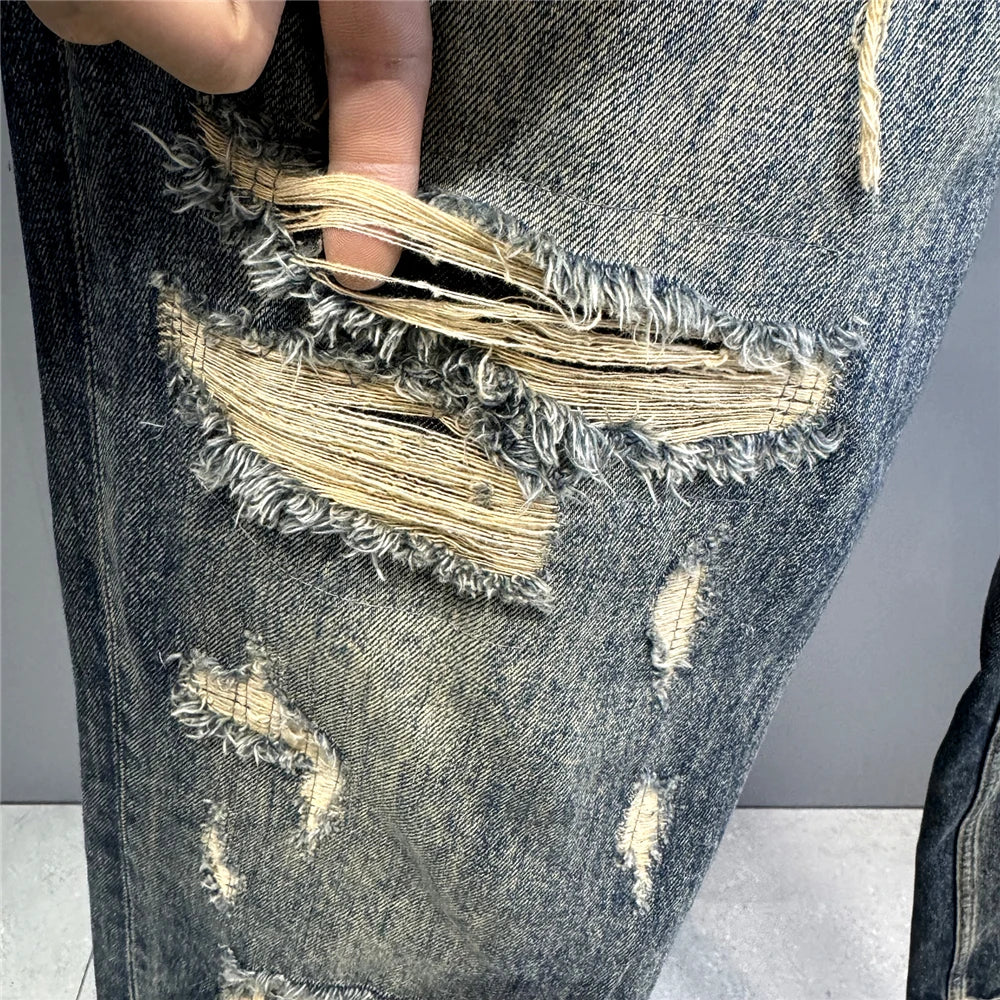 Ripped Baggy Jeans Distressed Denim Streetwear Skateboard Pants Straight Leg Patchwork Oversized Urban Fashion Workwear, men's jeans