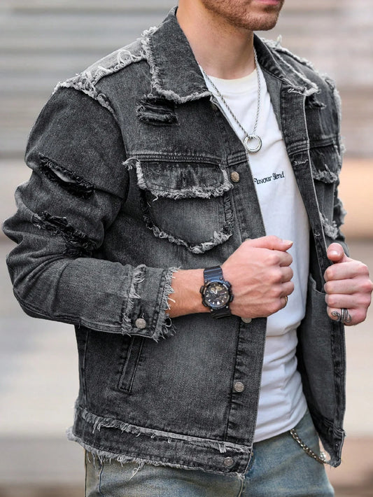 1pc Men's U2K Minimalist Style Ripped Raw Edge Ripped Casual Denim Jacket, Stylish Design for Everyday Wear Flight Jacket Denim