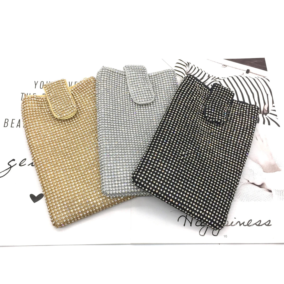 Shiny rhinestone mobile phone wallet, metal chain shoulder lipstick mini bag, dinner party ball messenger bag
