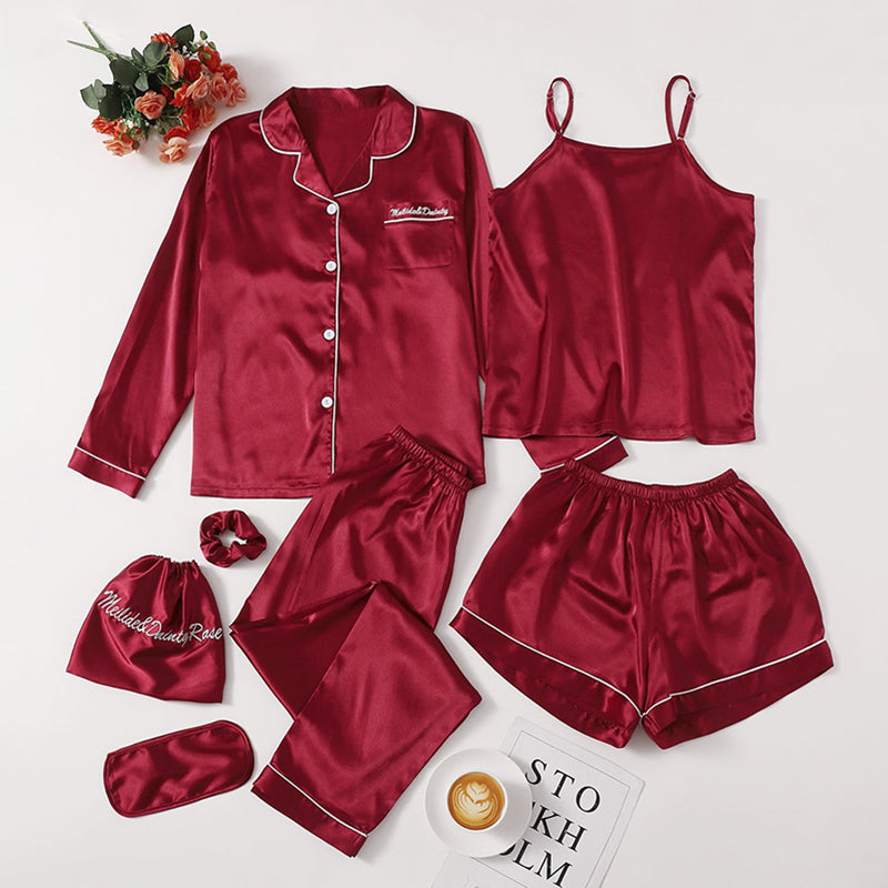 Women's Pajamas Set 7 Pieces Satin Sleepwear Pijama Silk Nightgown Suit Summer Women Home Clothing Printing Sleep Pyjama Femme