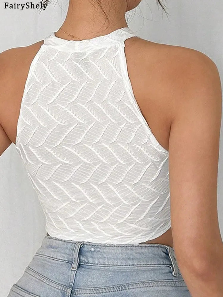 FairyShely Hollow Tassel Sleeveless Off Shoulder Halter Crop Top For Women