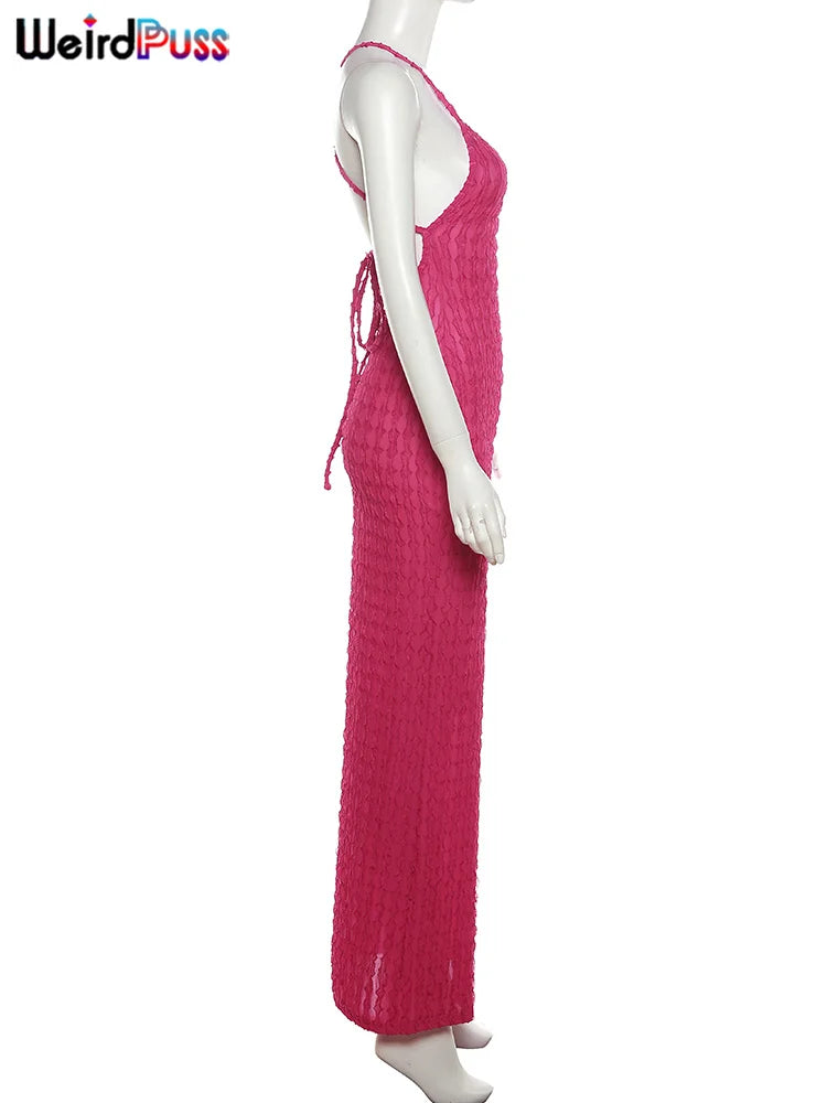 Weird Puss Backless Halter Dress Women Cross Bandage Sleeveless Sexy Elegant Skinny Stretch Wedding Party Maxi Bodycon Vestidos