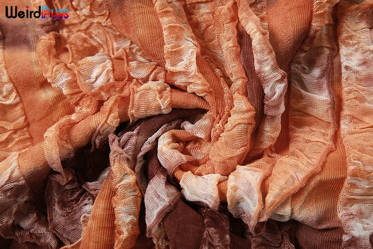 Weird Puss Ruffles Women Sexy 2piece Set See Through Low-Neck Camisole+Peach Hip Skirts Vacation Midnight Clubwear Matching Suit