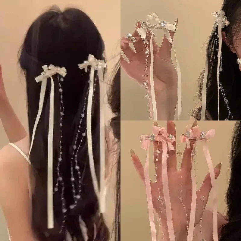 Ribbon Glass Beaded Bow Tassel Hair Clip Women Korean Y2K Fashion Solid Color Hairpin Girls Party Headwear Side Clips