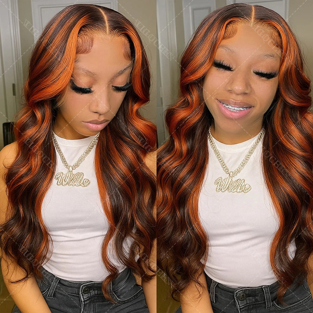 Upgraded 1B/30 Balayage Body Wave 13x4 Highlight Lace Front Human Hair Wig Vietnamese 30 Inch Omber Brown Colored Wig Human Hair