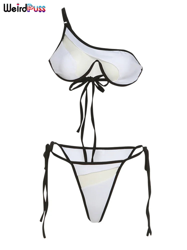 Weird Puss Beach Style Women Bikini 2 Piece Set Sexy Mesh Patchwork One Shoulder Bra Top+Bandage Briefs Vacation Trend Clubwear
