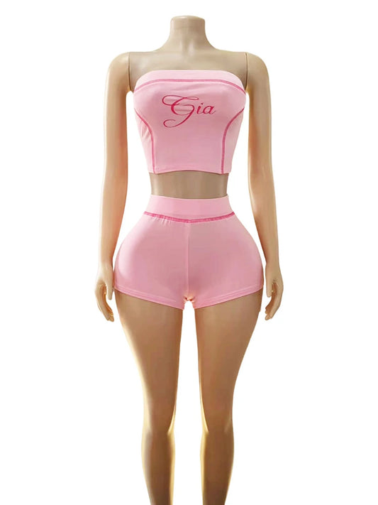 Women's Letter-Print Strapless Top and Shorts Set