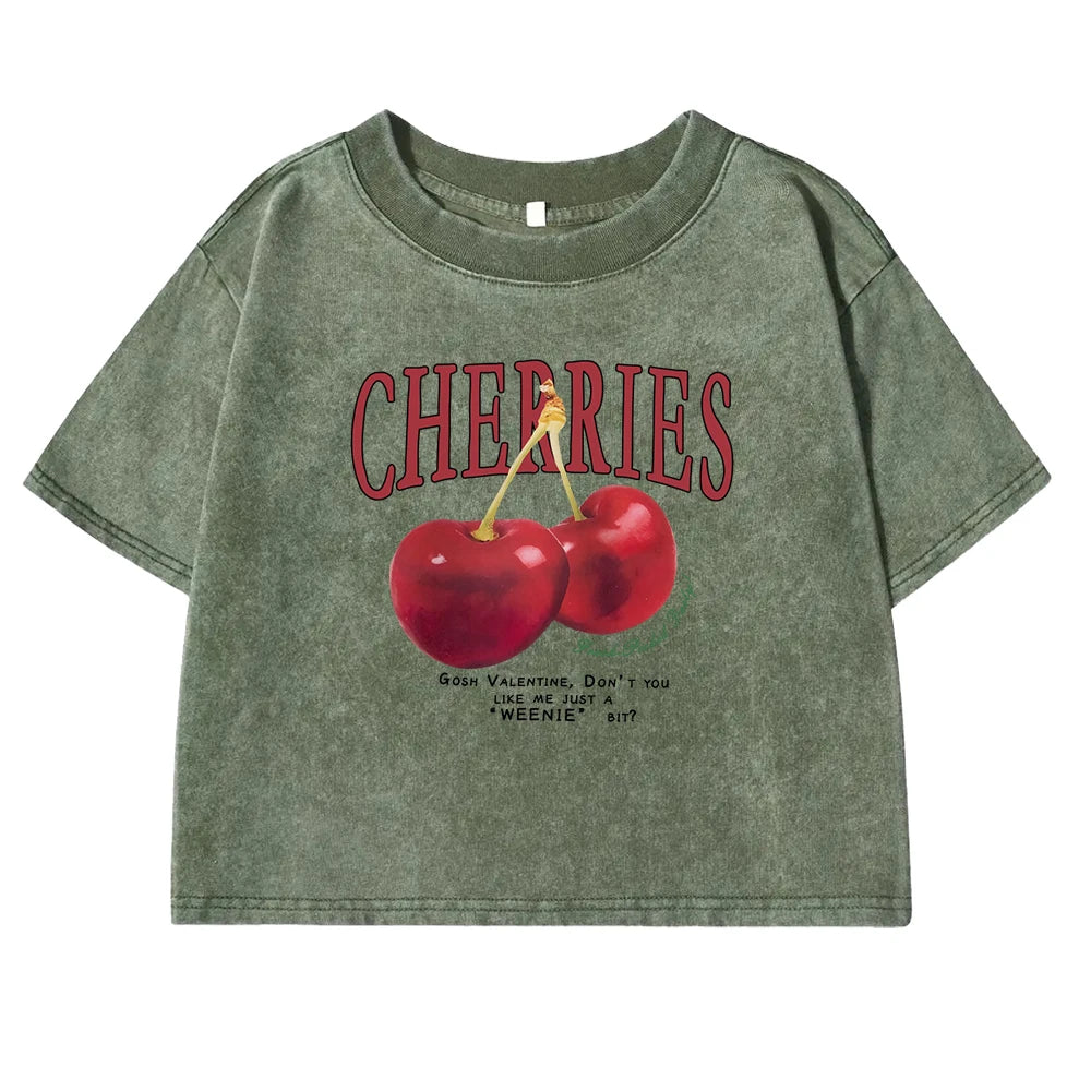 Red Cherries Letter Printed Female T-shirt Fashion Summer Washed Clothing Casual Cotton Crop Top Retro Tee Shirts For Women