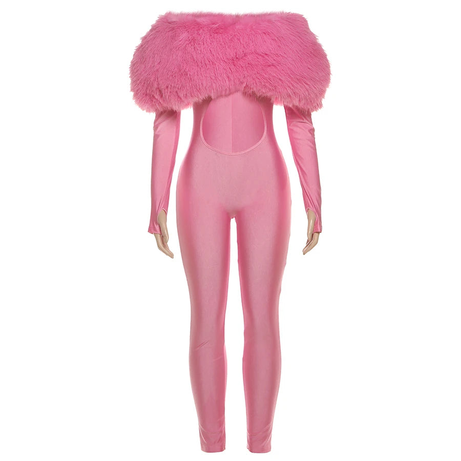 Furry Slash Neck Hollow Patchwork Jumpsuit — Women's Luxury
