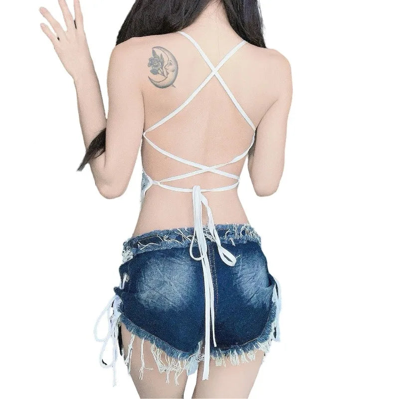 Women's Y2K Low Rise Denim Micro Shorts Lace-Up Side Frayed Booty Shorts for Rave Party Nightclub