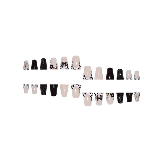 24pcs Short Dduckbill Fake Nail Patches Glossy Black Bowknots Star Shiny Rhinestone Decor Press On Nail Leopard Print Manicure
