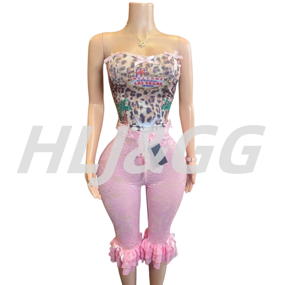 HLJ&GG Fashion Trend Leopard Print Shorts Two Piece Sets Women Fur Halter Lace Up Crop Top And Shorts Outfit Y2K 2pcs Streetwear