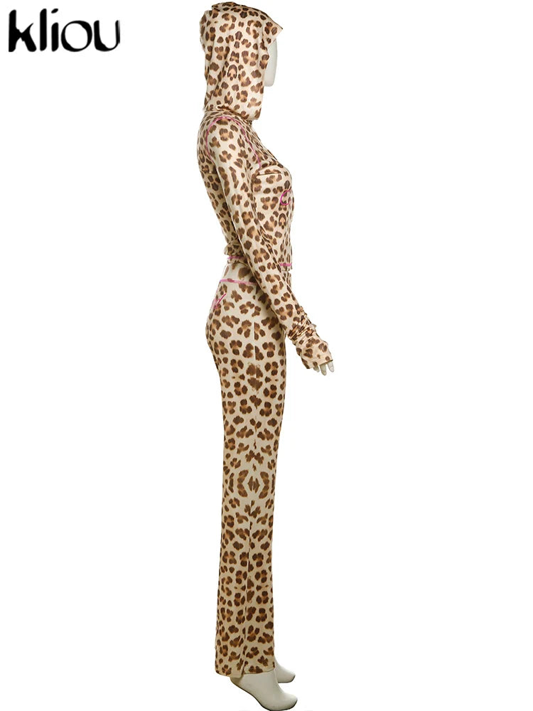 kliou Popular Leopard Women 2 Piece Set Trend Letter Print Hooded Long Sleeve Zip-up Tops+Matching Pants Female Trend Streetwear