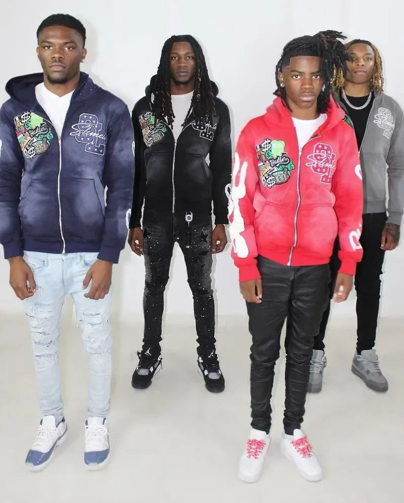 Harajuku Trend Brand Casual Loose Oversized Zipper Hoodie Men Y2k Gothic Retro Letter Flame Embroidered Sweatshirt Jacket Women