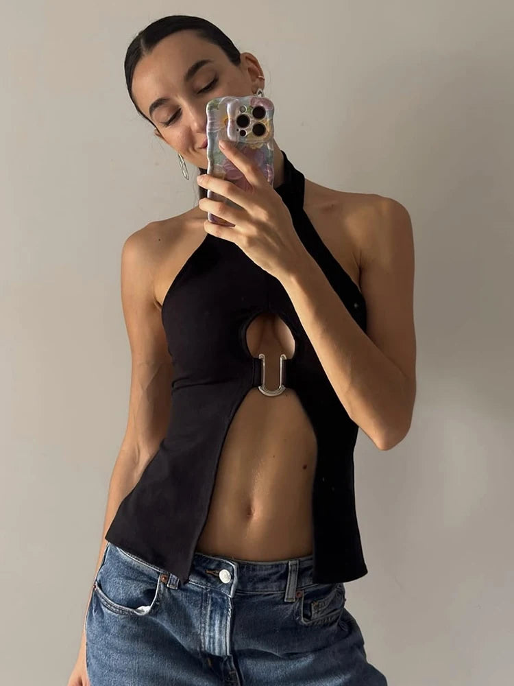 Weird Puss Metal Ring Tank Tops Women Y2K Chic Split Navel Backless Coquette Buttons Halter Sexy Hottie Midnight Wild Basic Vest
