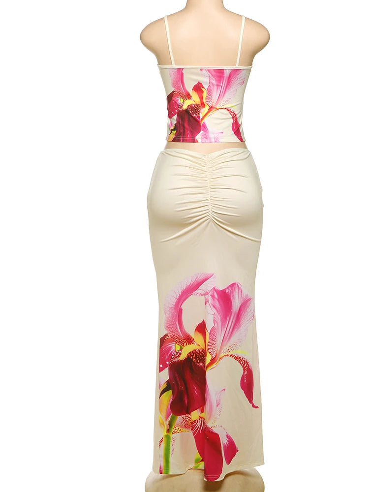 Weird Puss Flower Print 2 Piece Set Women Low-Neck Backless Crop Tops+Stretch Long Skirts Vacation Trend Beach Style Outfits