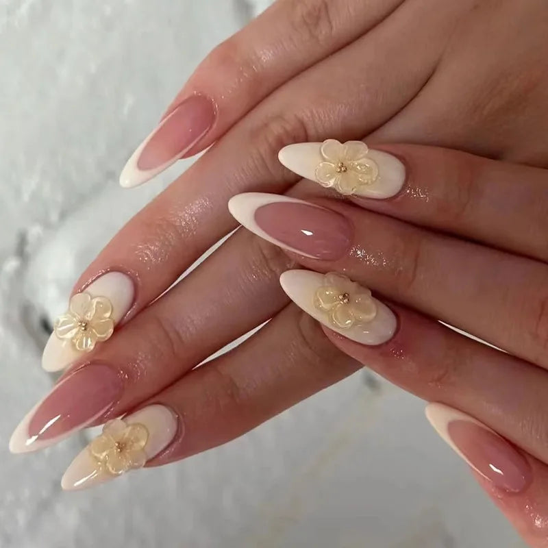 24pcs 3D Pink Flower Design Fake Nails Ins Gradient Pink Sweet False Nail Detachable French Almond Press on Nails for Women Girl