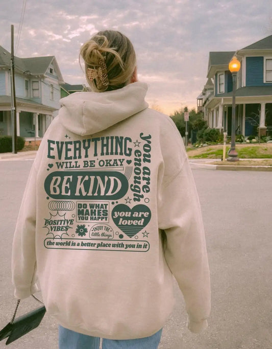 Everything Will Be Okay Green Heart Illustration Design Women Clothes Trendy New Hoodie Casual Pocket Sportswear Street Hoody