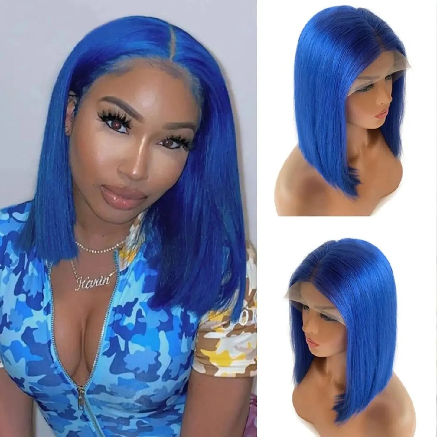 Short Bob Blue Colored 13X4 Lace Part Transparent Lace Peruvian Virgin Hair Wig For Women 100% Human Wig Straight Wig For Women