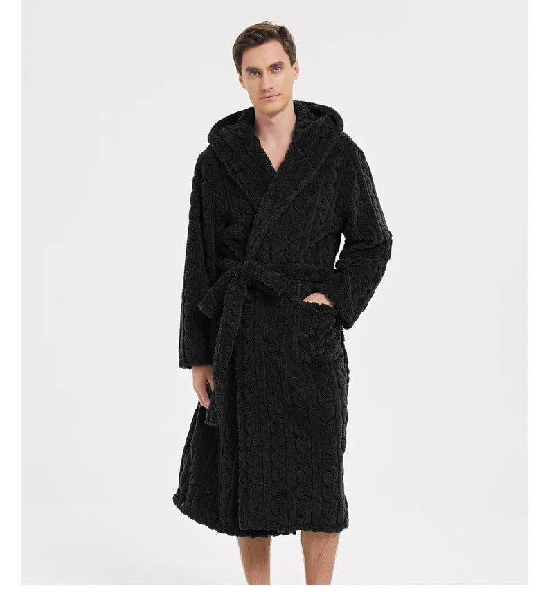 Warm Sleepwear Thicken Jacquard Flannel Men Robe Plush Coral Fleece Hooded Bathrobe Gown Winter Lounge Wear Home Wear Nightwear