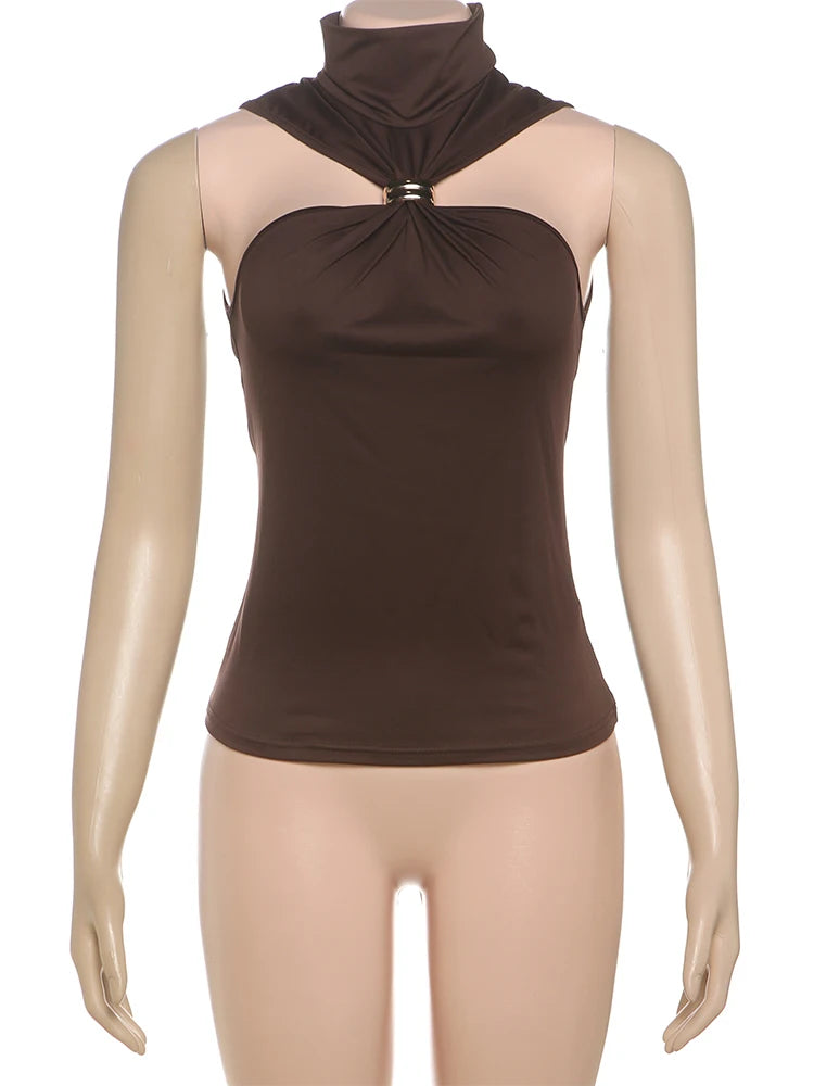 Weird Puss Metal Knot Tank Tops Women 2025 Summer Solid Pleated Sleeveless Stretch Simple Basic Streetwear Skinny Casual Vest