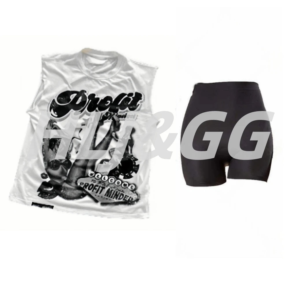 HLJ&GG Fashion American Vintage Style Pattern Print Two Piece Sets Women O Neck Sleeveless Top And Tiger Bandage Shorts Outfits