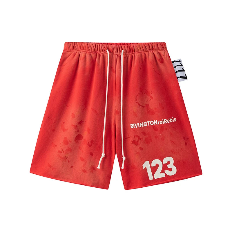 RRR123 2024 New Sports Shorts Heavyweight Washed Graffiti Print Vintage Drawstring Capris Casual High Street Loose Curled Y2K