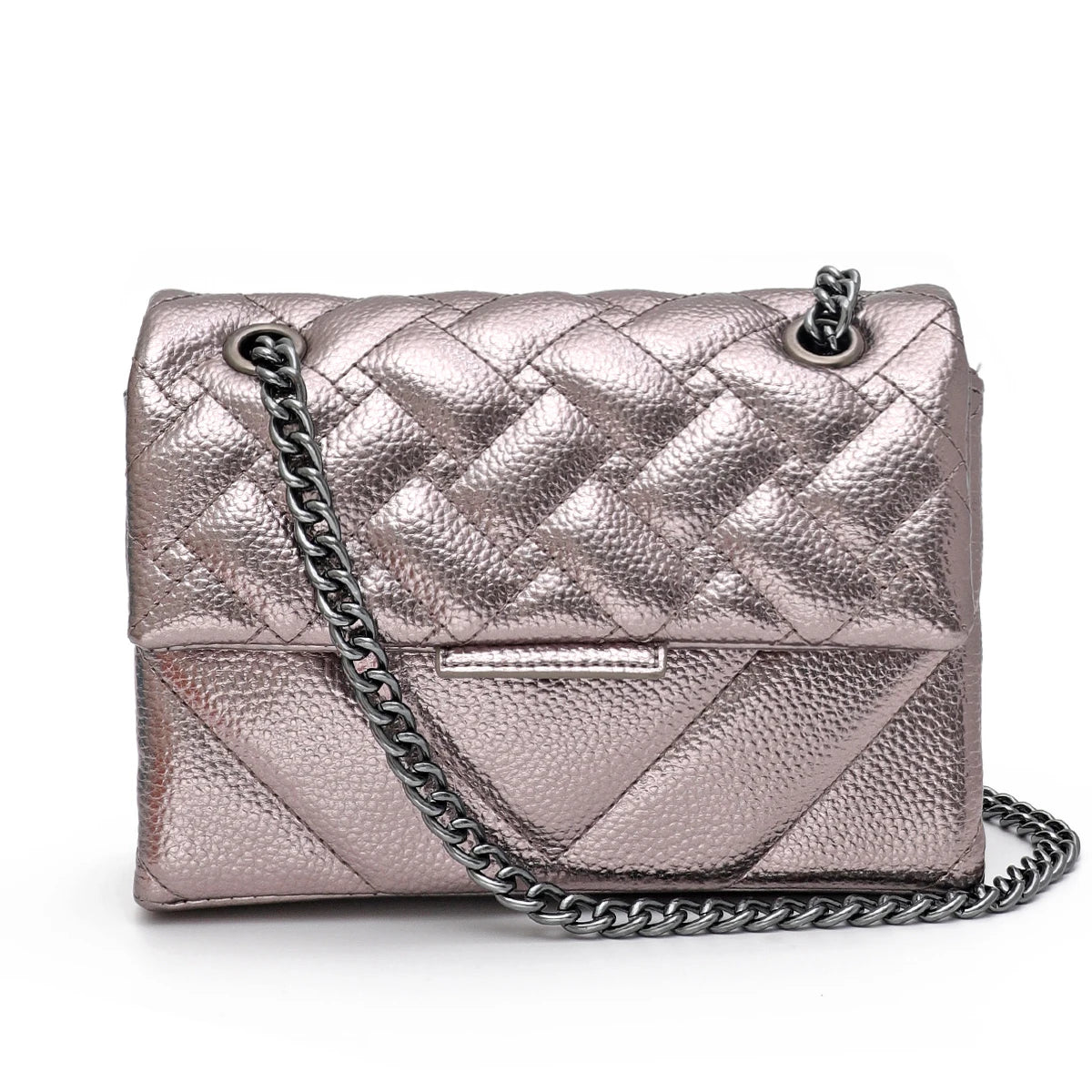 CR Fashion Metallic PU Vegan Leather Handbag For Women Luxury Quilted Flap Messenger Shoulder Bag Long Chain Purse Daily  Travel