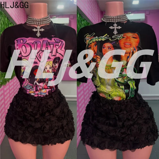 HLJ&GG Fashion Pattern Print Loose Tshirts Two Piece Sets Women O Neck Short Sleeve Top + Fur Mini Skirts Outfits Y2K Streetwear