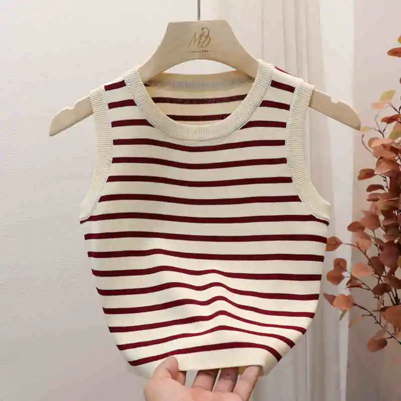 2026 Spring Summer New Sleeveless Ice Silk Knit Tank Top Striped O-Neck Women's Camisole Slim Fit Versatile Sexy Crop Tops