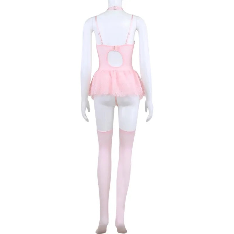 Lace Fancy Patchwork Garters Sexy Lingerie Girly Pink Corset Dress Stocking Matching Cute Sexy Uniform Lingerie New