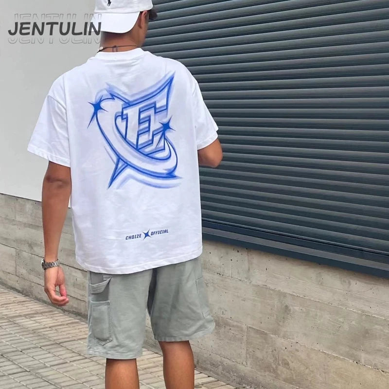Men Streetwear Tshirt Letter Star Aesthetic Graphic T-Shirt Oversized Black Casual T Shirt 2024 Harajuku Hip Hop Tops Tee Cotton