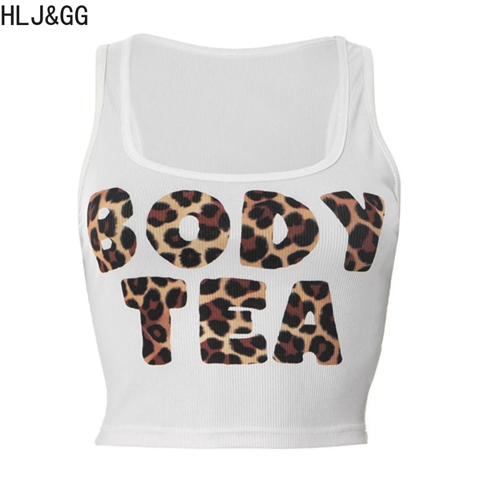 HLJ&GG Y2K Summer New Letter Tank Top Two Piece Sets Women Round Neck Sleeveless Vest + Sequin Leopard Shorts Outfits Streetwear