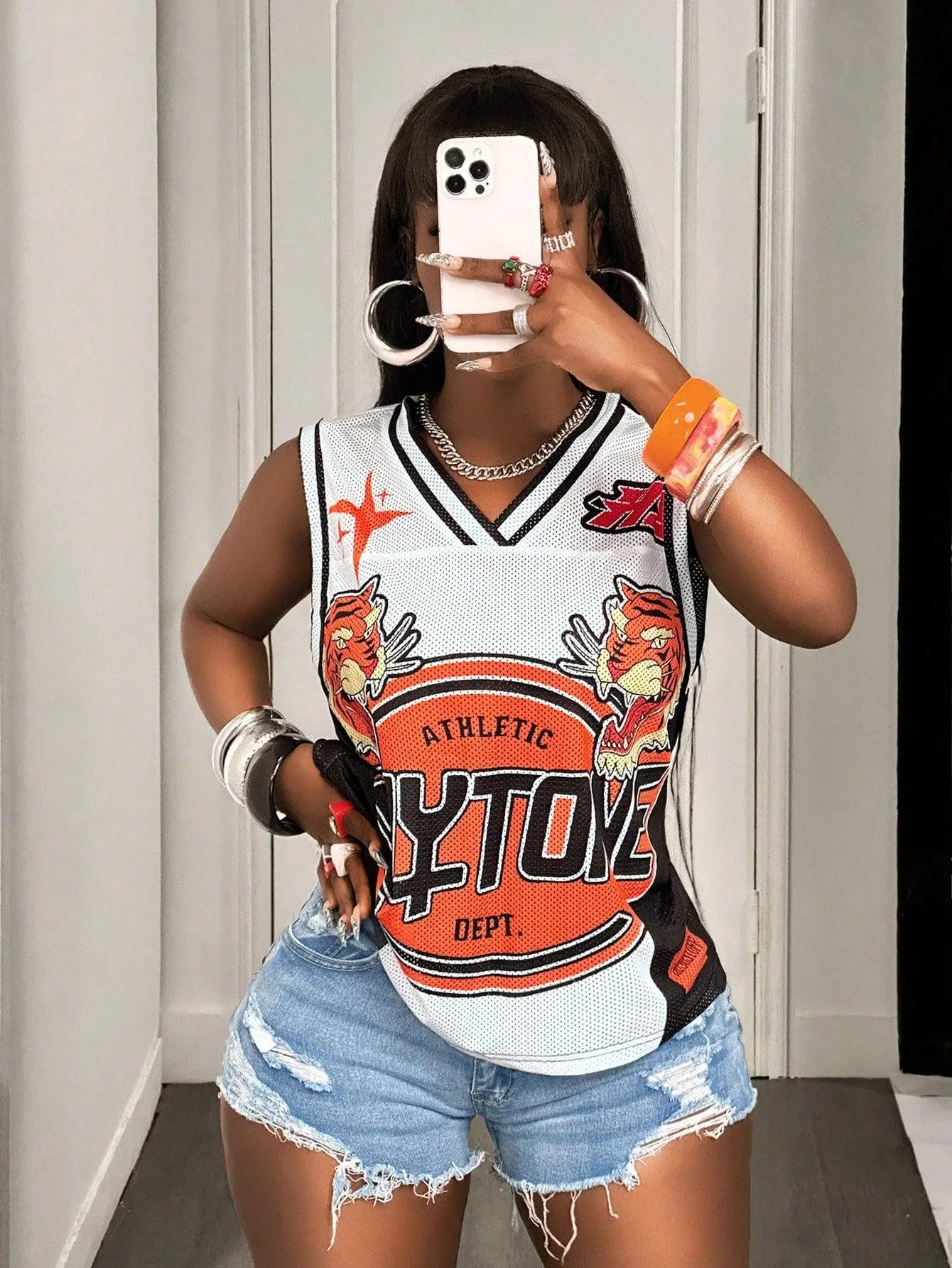 HLJ&GG Fashion Y2K Letter Print Loose Tshirts Two Piece Sets Women Round Neck Sleeveless Top And jeans Shorts Outfits Streetwear