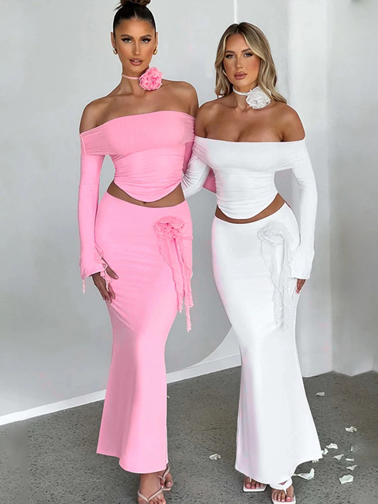 Dulzura Matching Suit Neck Accessories 3D Flower Off Shoulder Long Trumpet Sleeves Crop Top Tassel Maxi Skirt 2024 Autumn Women