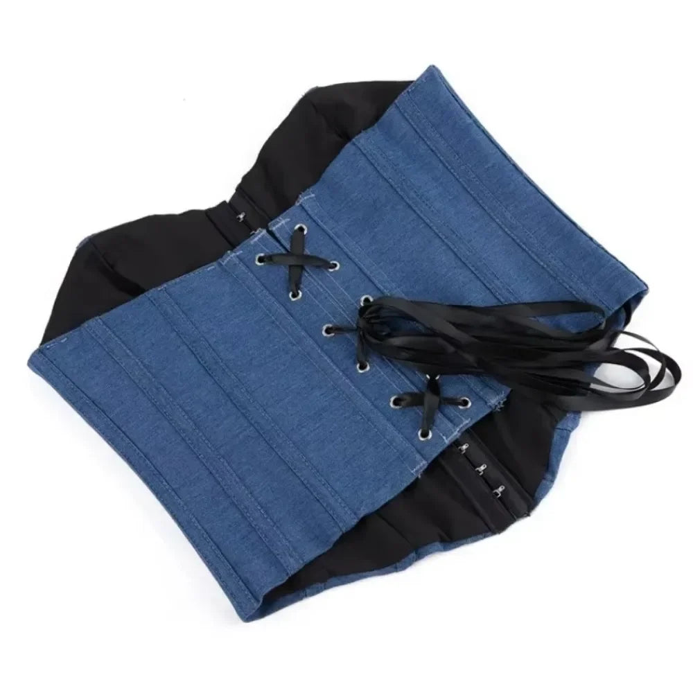 Fashion Denim Corset Crop Tops Female Underwear Backless Body Shaper Short Torso Bustier Vest Blue