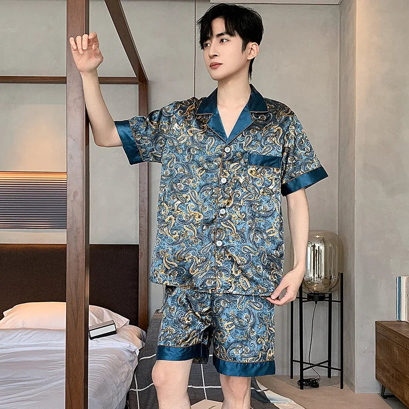 Silk Satin Pajamas for Men Sleepwear Cozy Soft Print Long Sleeve Nightgown Tops + Trousers Two Pieces Mens Pajama Set