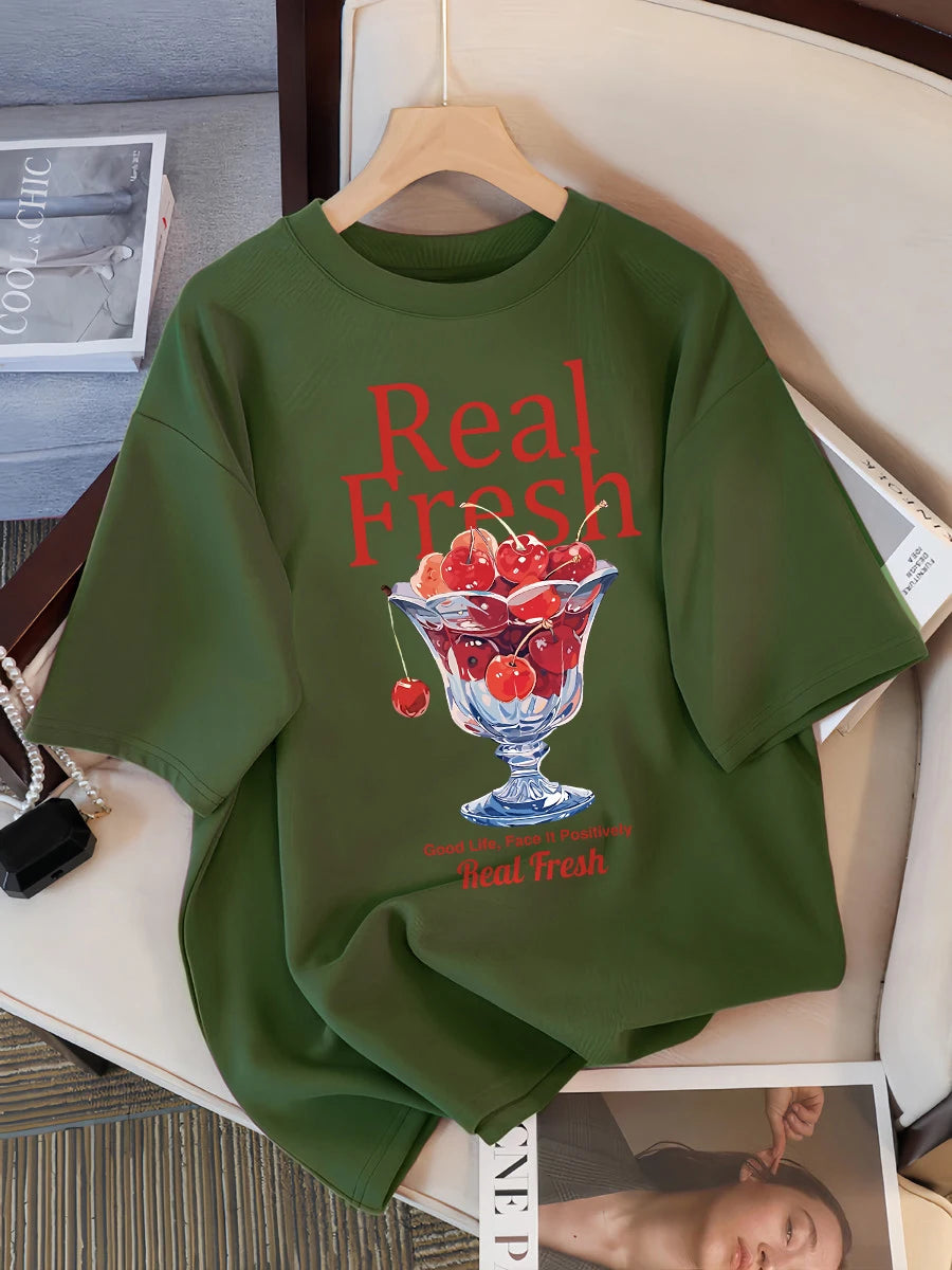 Real Fresh Cherry Fruit Cup Design Tee Shirts Female Comfortable Cotton T Shirt Fashion Casual Clothes Soft Street Short Sleeve
