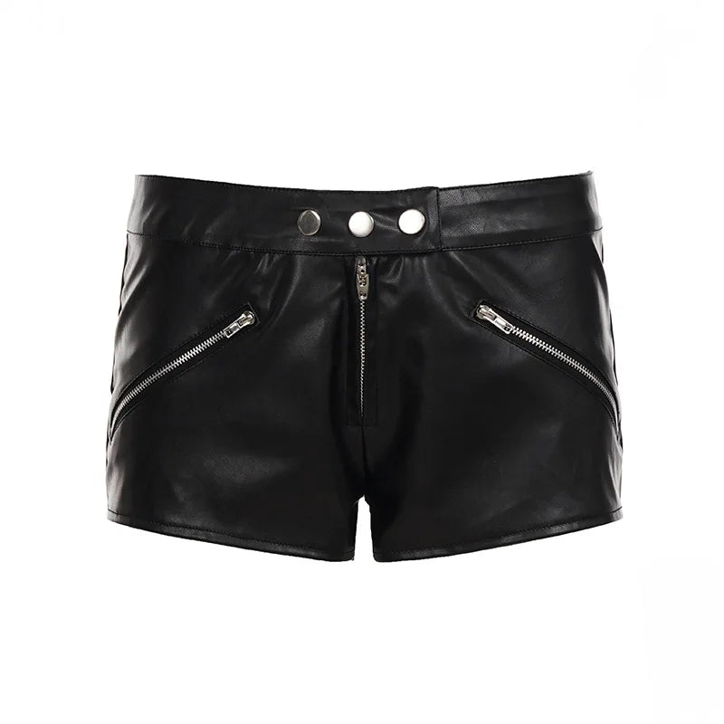 Street punk style low waist exposed navel three button leather shorts