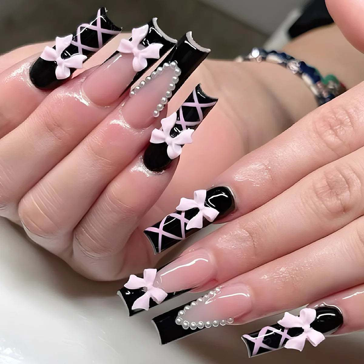 24Pcs Long Square Press on Nails Leopard Print French 3D Cherry Design False Nail Rhinestone Wearable Full Cover Fake Nails Tips