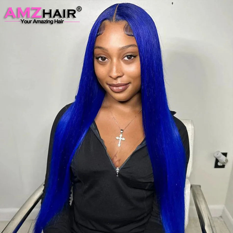 Navy Blue Bone Straight 13x4 Lace Front Human Hair Wigs Brazilian Blue Colored Transparent Lace Front Wigs For Women Pre Plucked