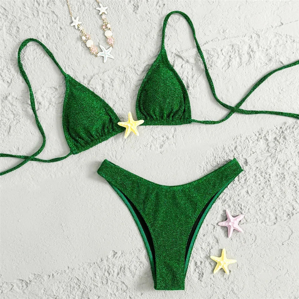 Green Shiny Starfish Swimwear String Halter Triangle Bikini 2026 Sexy Swimsuit Women High Cut Bathing Suit Bikinis Sets De Mujer