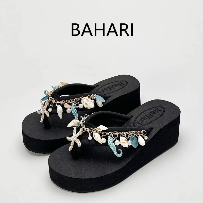 Bohemian High-heeled Flip-flops for Women Summer Vacation Platform Beach Slippers
