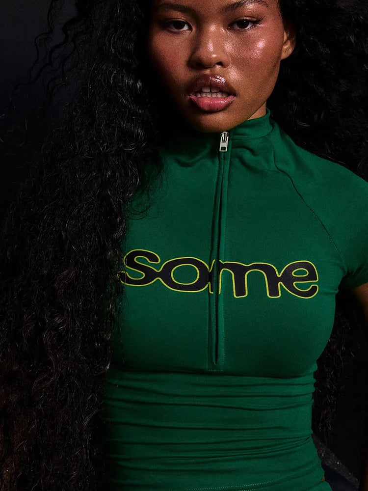 Weird Puss Letter Print Women2 Piece Set Casual Sporty Zip Crop Tops+Shorts Matching Streetwear Stretch Skinny Streetwear Suits