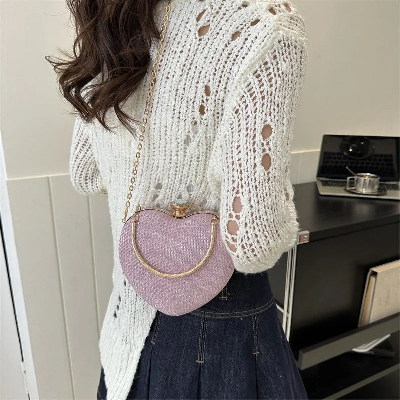 Evening Clutch Bag For Women Shiny Heart Shape Metal Clutch Chain Shoulder Purse