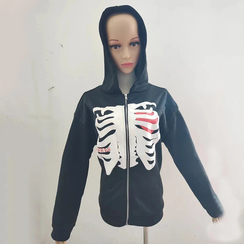 Y2K Zip Rhinestone Women Hoodie 2025 Oversized Hoodies E-girl Goth Punk Jacket Long Sleeve White Sweatshirts Trend Streetwear