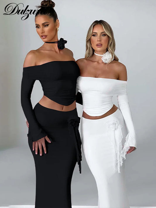 Dulzura Matching Suit Neck piece 3D Flower Off Shoulder Long Trumpet Sleeves top Tassel Maxi Skirt 2024 Autumn Women