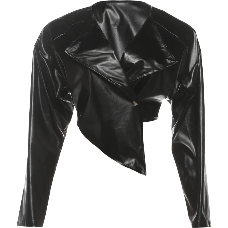 Faux Leather Irregular Crop Jacket — Women's Streetwear Coat