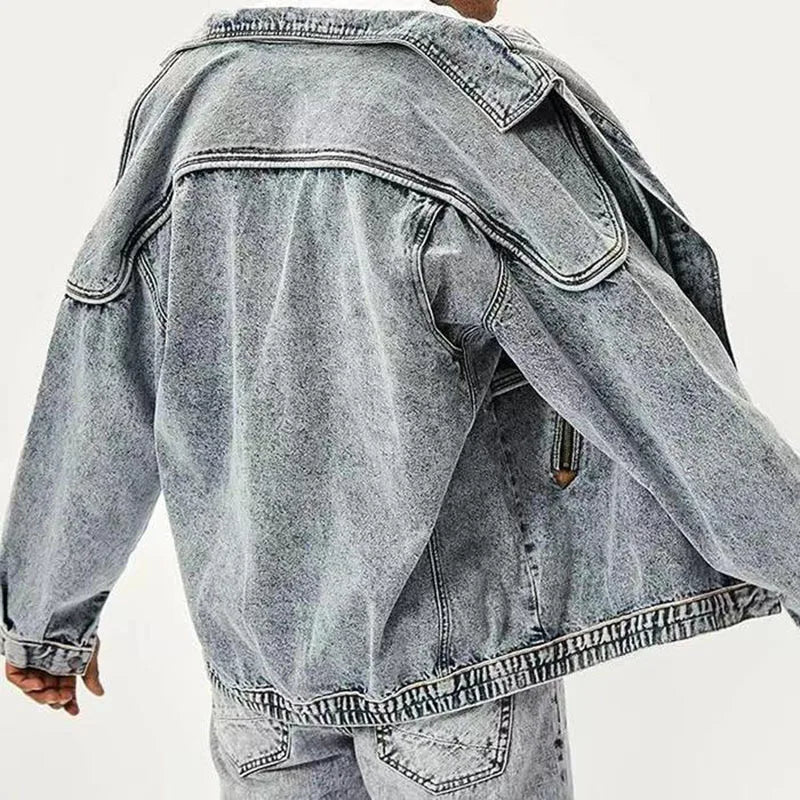 American Retro Jacket Snowflake Washed Vintage Denim Jacket Zipper Pocket Tooling Lapel Jean Coats Loose Motor Jaqueta Outerwear
