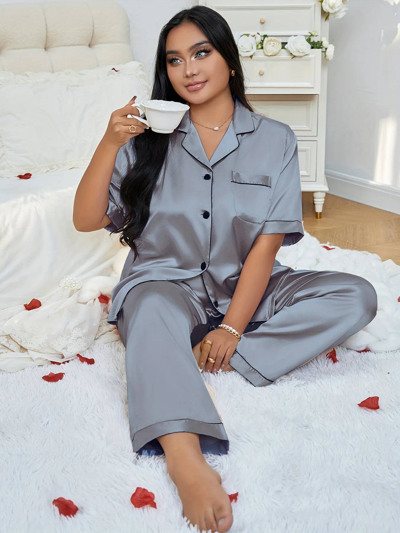 Plus Size 3XL 4XL 5XL Women's Sleepwear Pajamas Set Spring Summer Short Sleeve Trouser Suits Loungewear Loose Satin Homewear